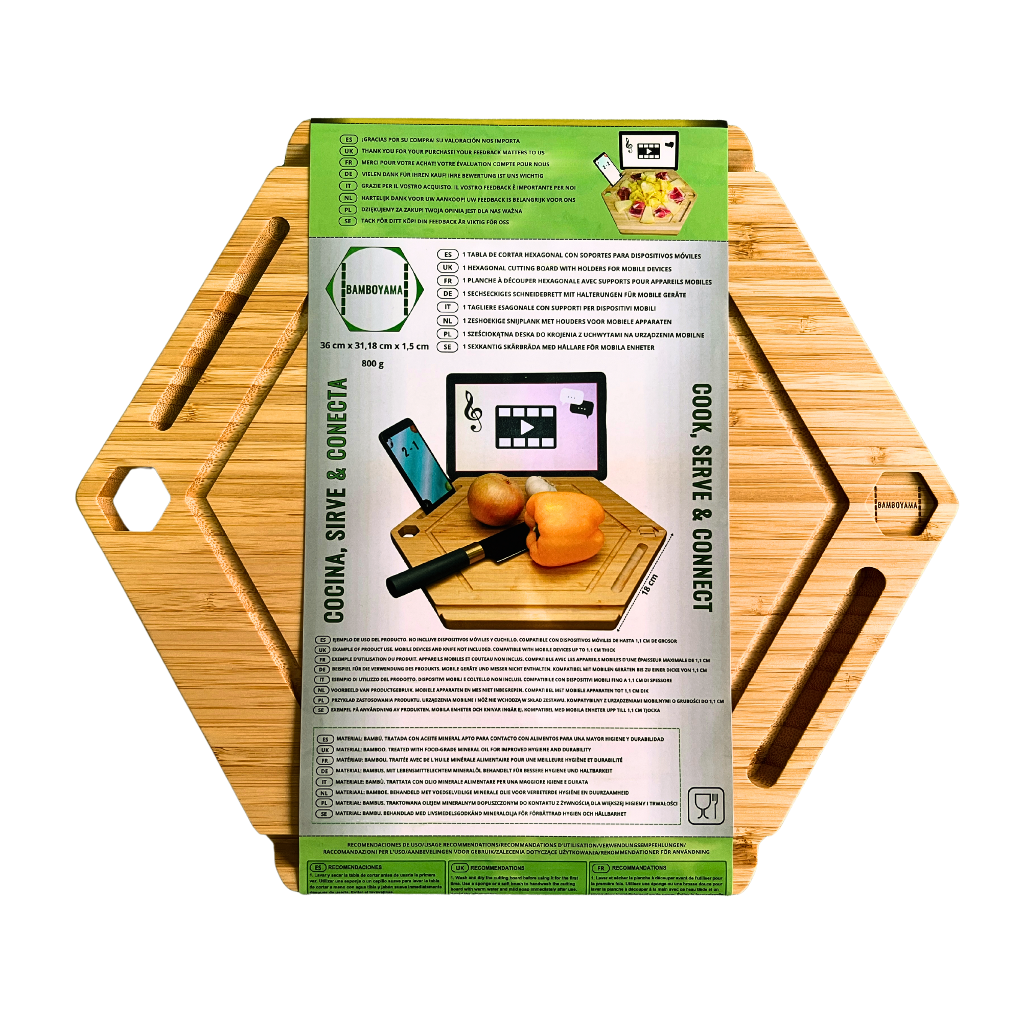 BAMBOYAMA. Tabla de cortar hexagonal con soportes para dispositivos móviles