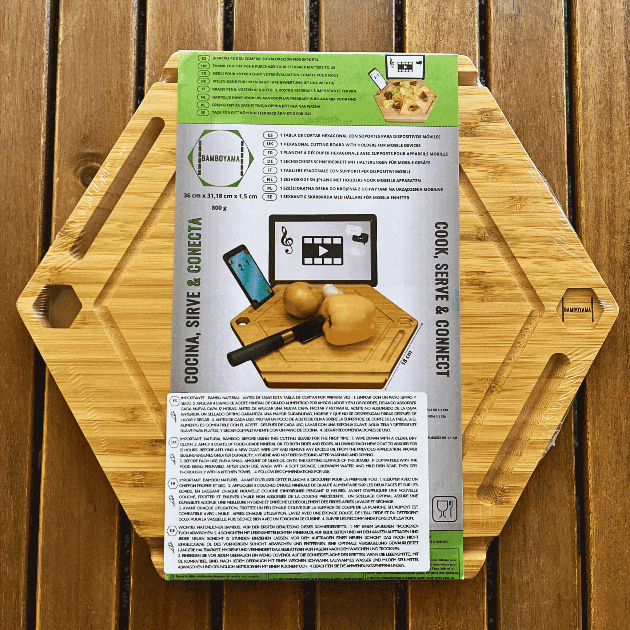 BAMBOYAMA. Tabla de cortar hexagonal con soportes para dispositivos móviles - Imagen 5